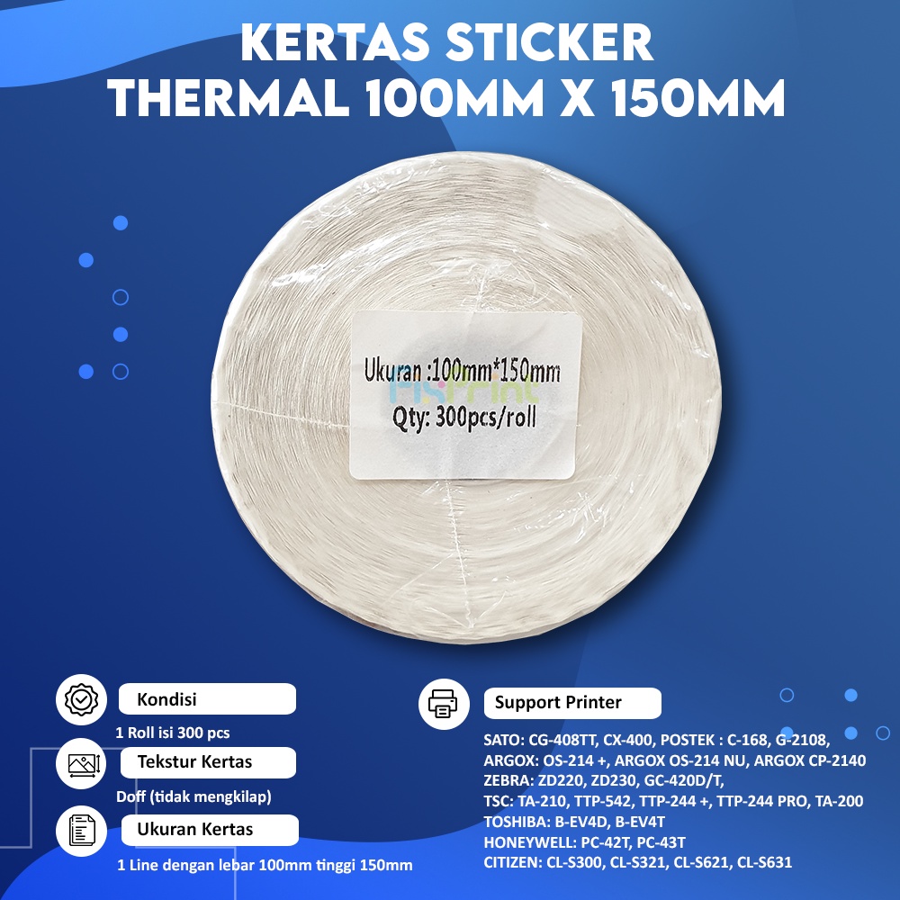 1 Roll Kertas Sticker Thermal 100mm x 150mm isi 300pcs