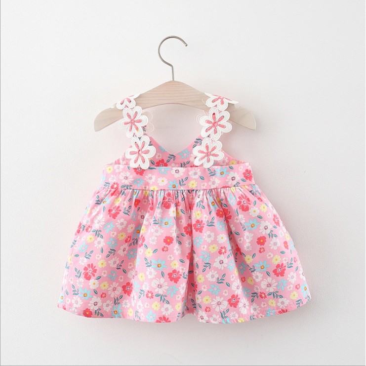 DP66 -Dress bayi/baju dress anak/ pakaian bayi anak perempuan tanpa lengan motif bunga pink dengan pita