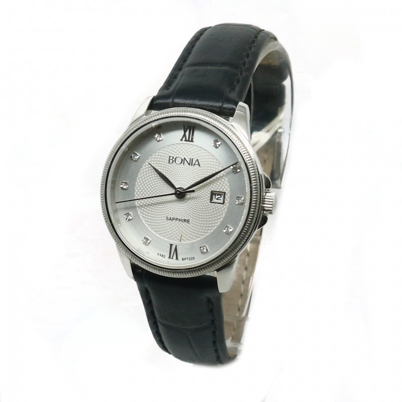 Bonia BPT220-2319L Jam  Tangan Wanita - Silver White - Kulit Hitam