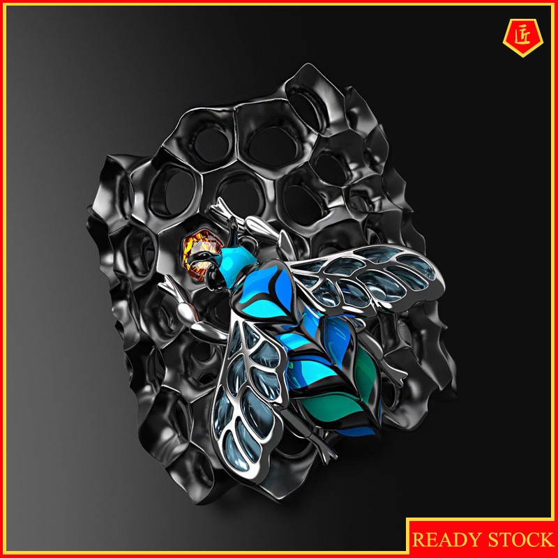 [Ready Stock]Creative New Blue Bee Honeycomb Ring Exaggerated Punk