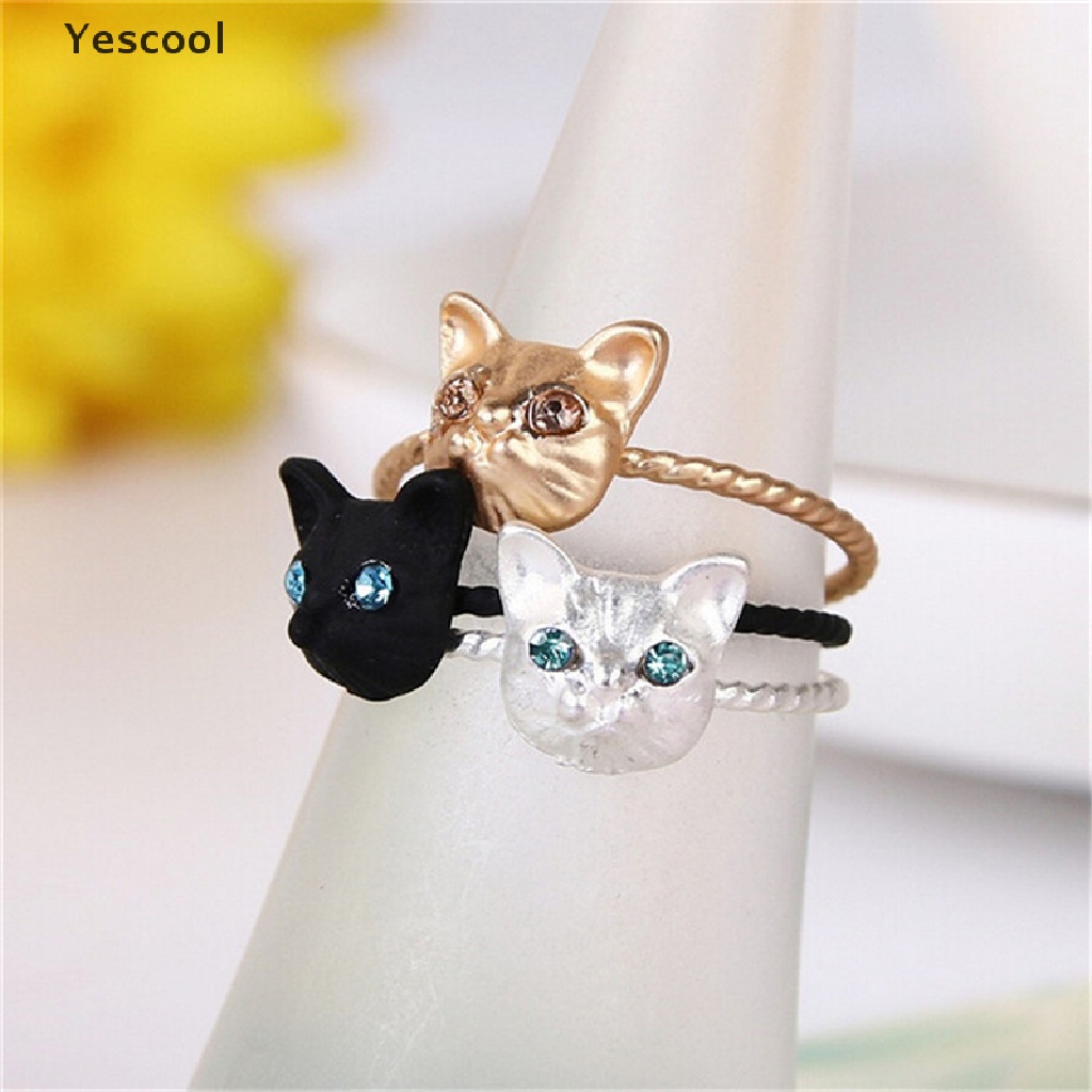 Yes 1Pc Cincin Bentuk Kucing Mini Aksen Berlian Imitasi Warna Goldsilverhitam Untuk Wanita