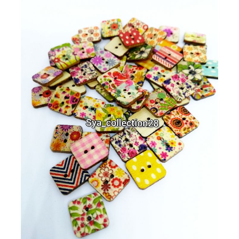 ✅COD kancing kayu hias 2lubang bentuk kotak motif bunga warna warni 1,5cm