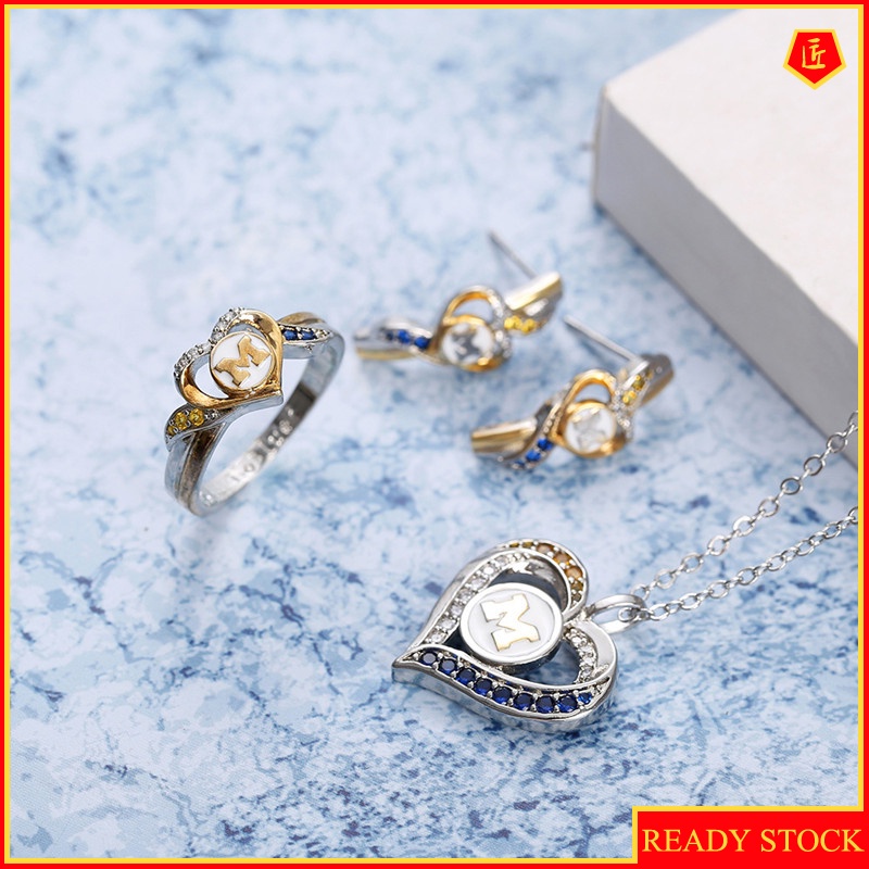 [Ready Stock]Simple Ring Heart-Shaped Two-Color Ear Stud Necklace Suit