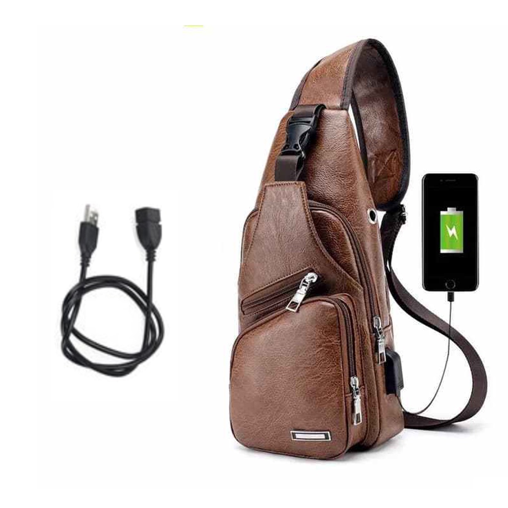 BRGUNIK Selempang Kulit Pria Tas Hp/Tas Dada Usb/Tas Impor Jakarta /Sling Bag Usb Kulit/Selempang P039