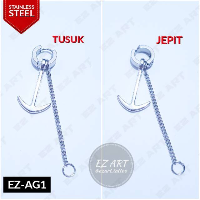 1Pc Model EZ-AG Silver Anting Pria dan Wanita Jepit Tusuk Variasi Bandul Jangkar Rantai