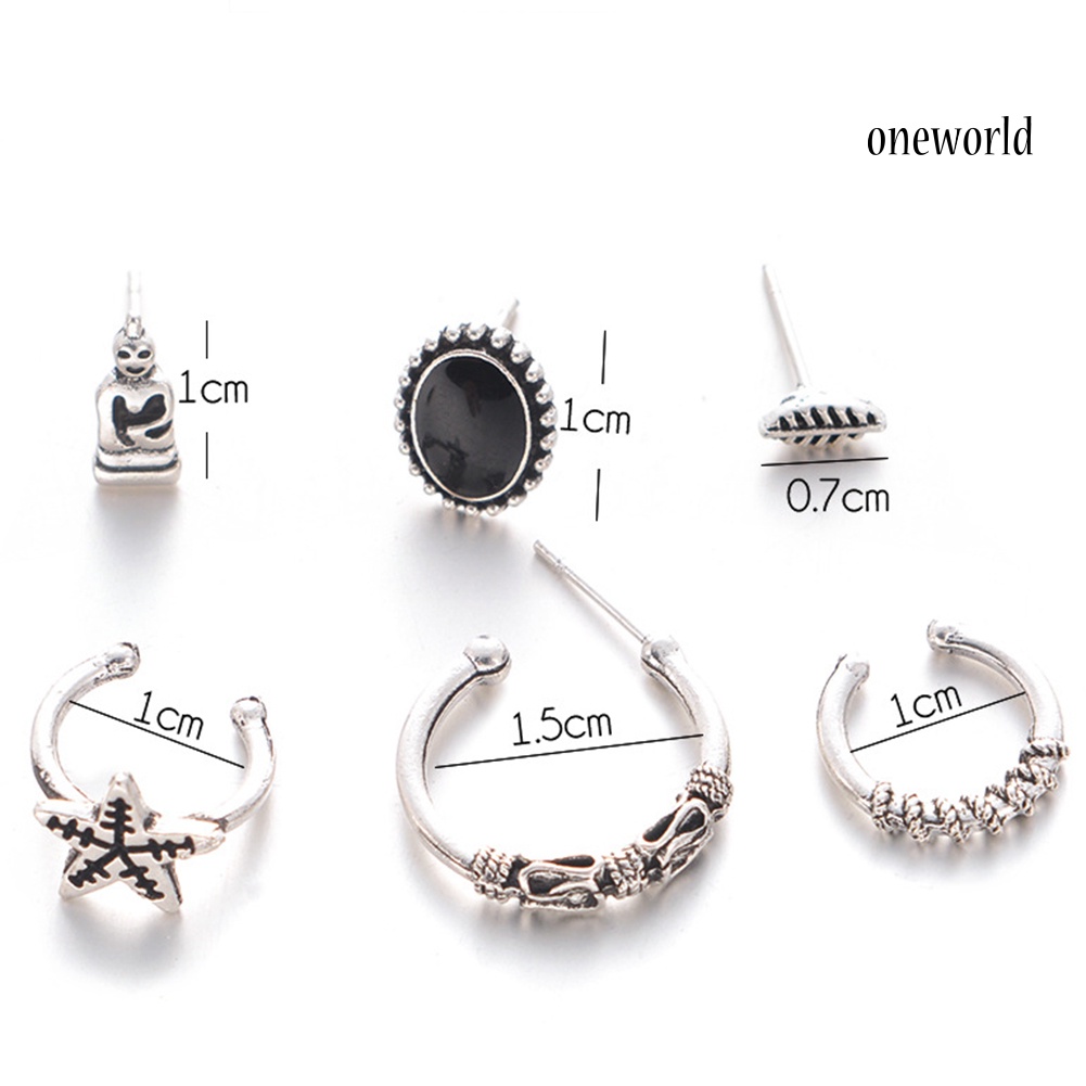 OW@ 6Pcs/Set Bohemian Star Leaf Alloy Ear Stud Clip Earrings Women Jewelry Gift