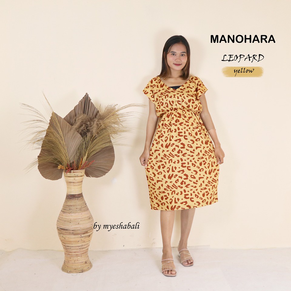 Daster Manohara Bali LD 105 cm / Dress Bali manohara motif Kekinian Murah dan Nyaman-LEOPARD YELLOW