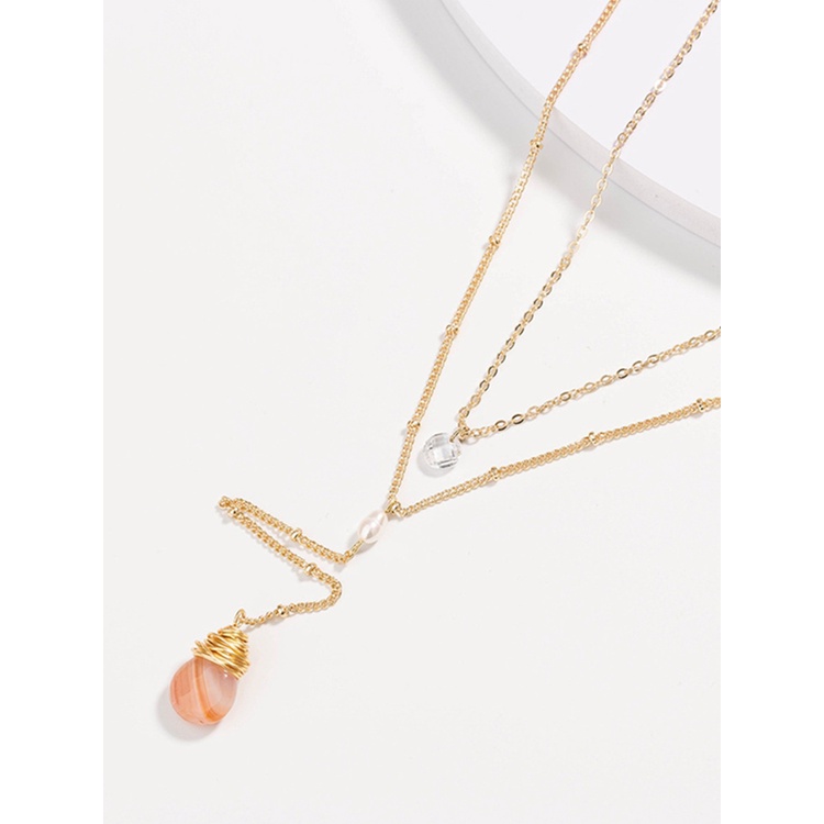 Fancyqube Kalung Multi Layer Liontin Mutiara Air Tawar Oranye Natural Untuk Aksesoris Wanita