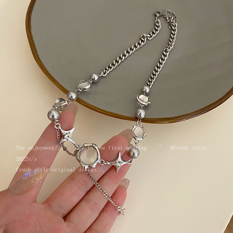 Kalung Choker Rantai Klavikula Hias Liontin Bintang 4 Sudut Bahan Zirkon Warna Silver Untuk Wanita