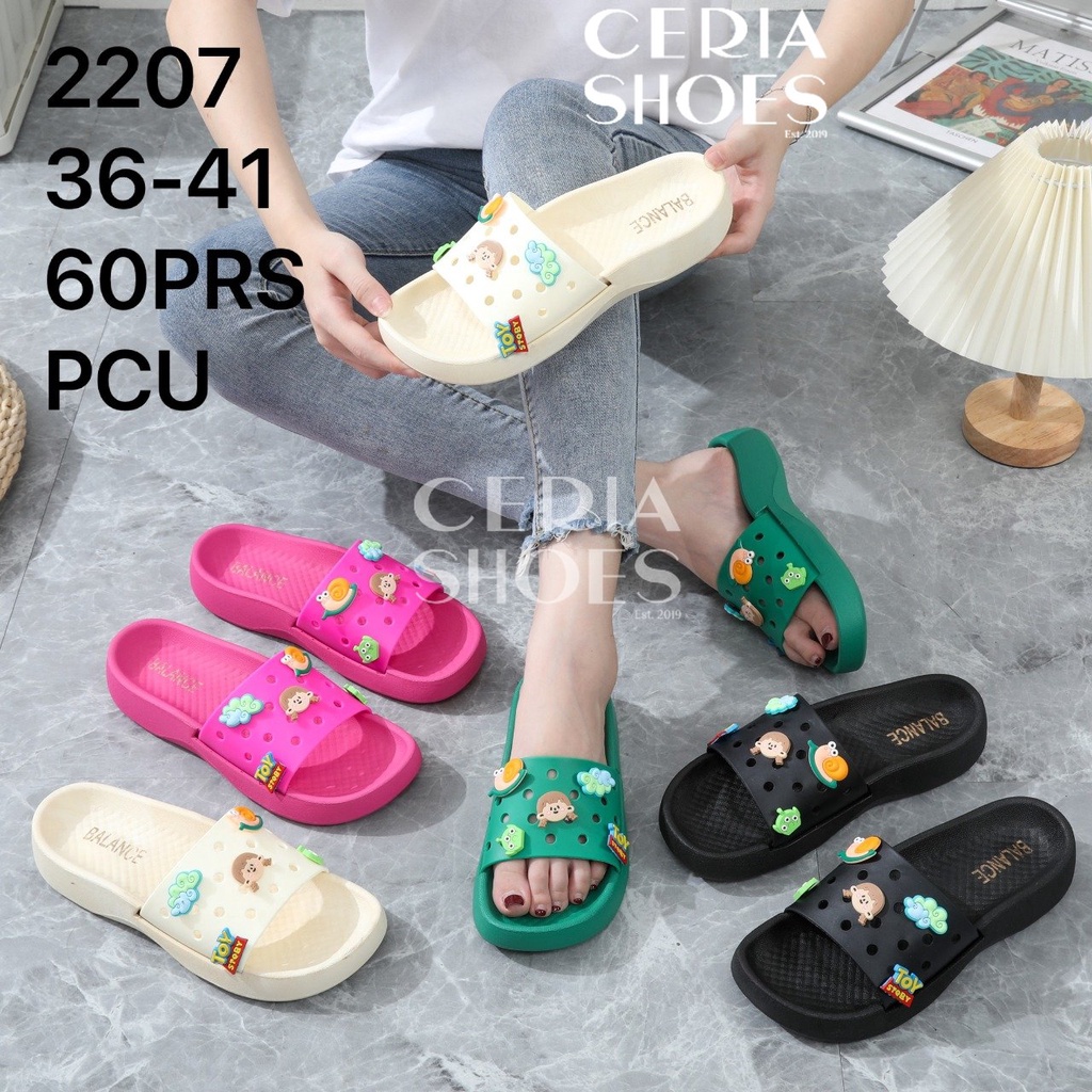 PVC Balance Sandal Slop Wanita Korean Import Motif Bahan Karet Jelly Jibbitz Toy Story Sendal Kokop 2207