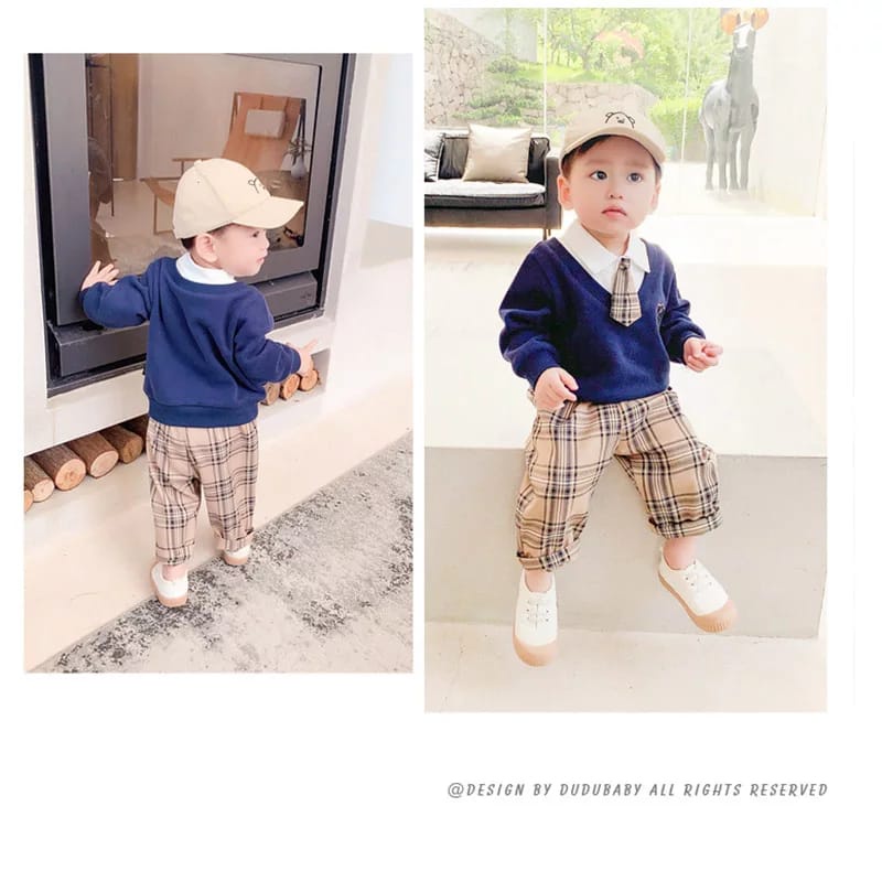 BABYLOVANTA- Setelan lengan panjang motif TUXNAVY &amp; GREY / Baju baby impor korea premium lucu baju baby 0-5 Tahun