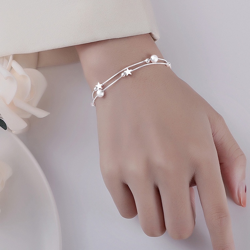 Gelang Multilayer Adjustable Aksen Manik-Manik Bintang Warna Silver Gaya Korea Untuk Wanita