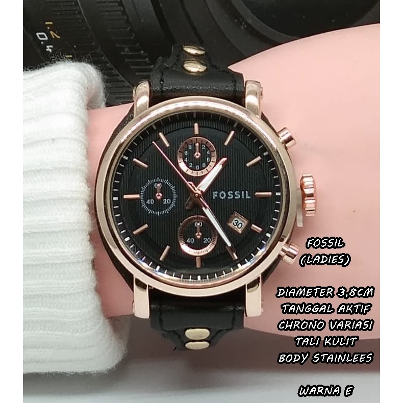 JAM TANGAN WANITA FASHION TALI KULIT TANGGAL AKTIF CHRONO VARIASI