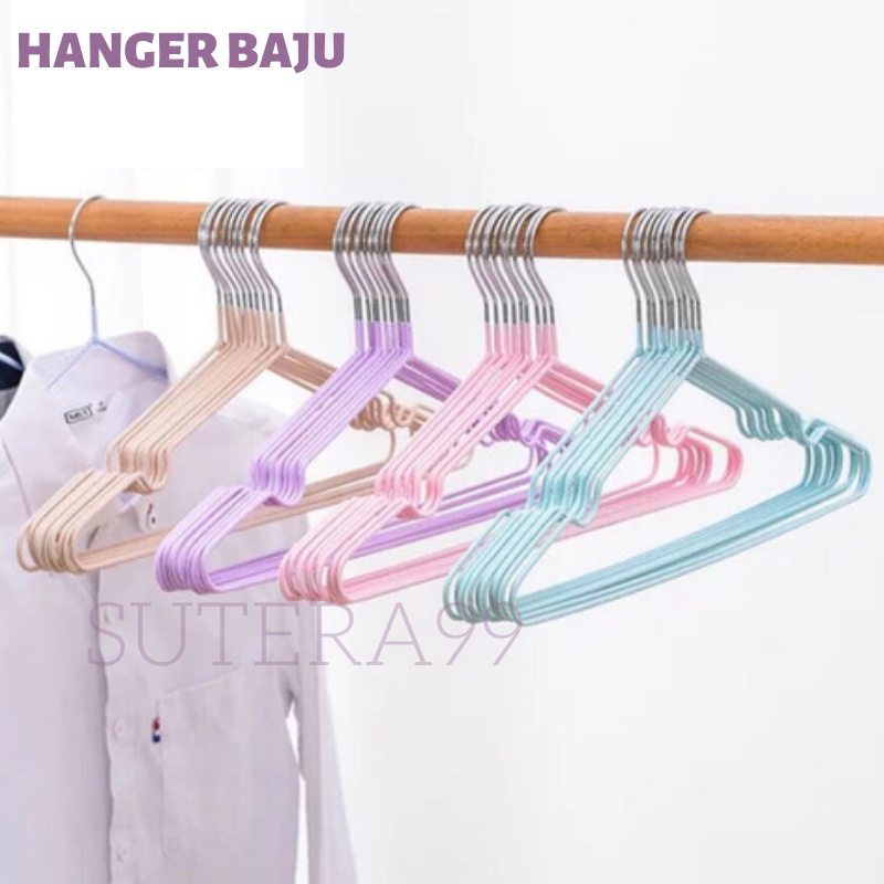 DISKON GANTUNGAN BAJU WARNA PASTEL TOP HANGER KAWAT TEBAL KUAT ISI 10PCS GANTUNGAN STAINLESS GANTUNGAN BAJU ANTI SLIP Hanger / Hanger Baju