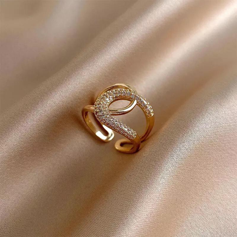 cincin wanita bahan titanium asli anti karatan model permata warna gold size adjustable