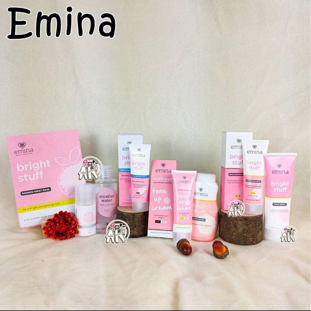 EMINA BRIGHT STUFF SERIES ( MOIST CREAM / SHEET MASK / FACE TONER / FACE WASH / LOOSE POWDER / TONR UP CREAM )