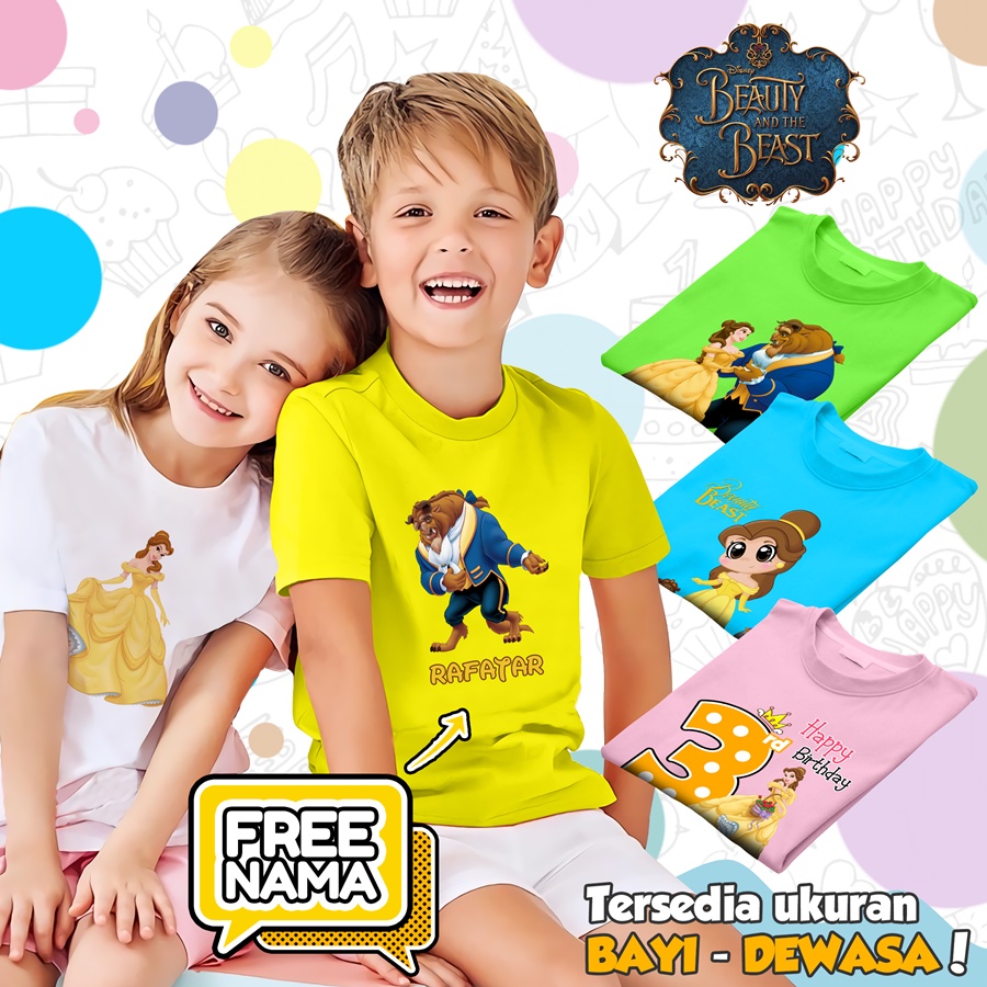 [FREE NAMA!!] Baju Kaos COUPLE  ANAK DAN DEWASA PRINCESS BELLE BEAUTY AND THE BEAST BANYAK MOTIF