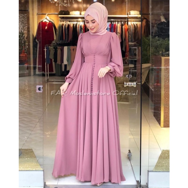 YASMINE DRESS CERUTY BABYDOLL APLIKASI MUTIARA/FASHION WANITA MUSLIM TERLARIS FULL FURRING/FASHION MUSLIM WANITA/FAR MOSLEMSTORE