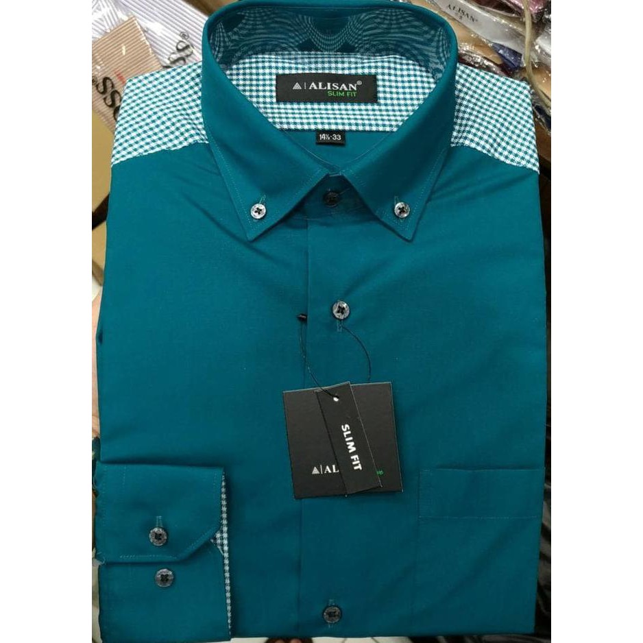 PROMO KEMEJA PRIA ALISAN SLIMFIT PANJANG BIRU NAVY HIJAU TOSCA KOMBI PUNDAK - NAVY, XL