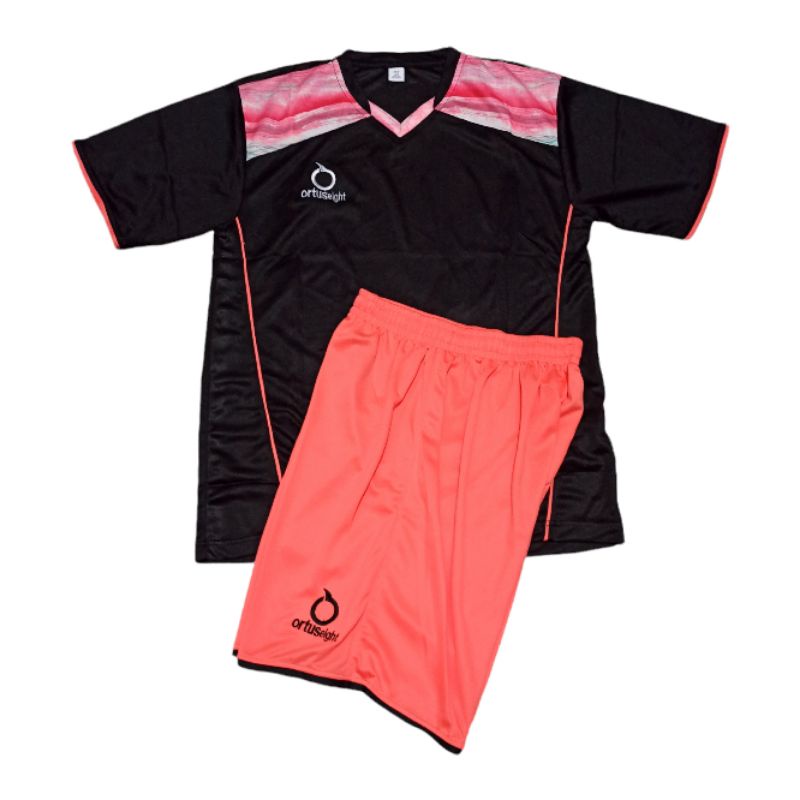 Setelan Jersey bola dan Futsal Ortuseight HITAM ORANGE PEACH LOGO APPAREL BORDIR