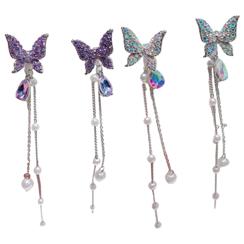 Anting Giwang Elegan Gaya Korea Model Kupu-Kupu Dengan Mutiara + Berlian Imitasi Untuk Wanita