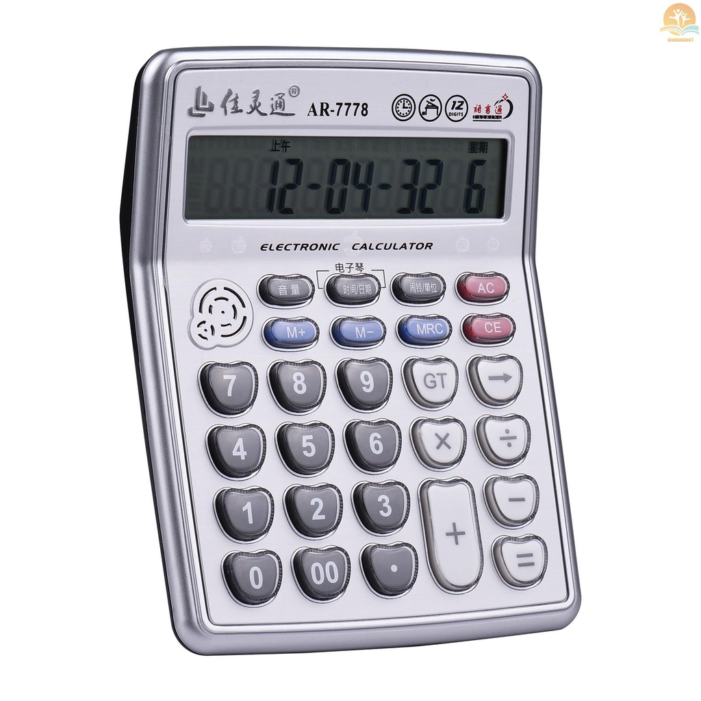 Musical Desktop Calculator 12-Digits LCD Display Electronic Calculator Counter Big Buttons with Music Piano Play Time Date Show Alarm Clock Function for Office Business Classroom Home Supplies