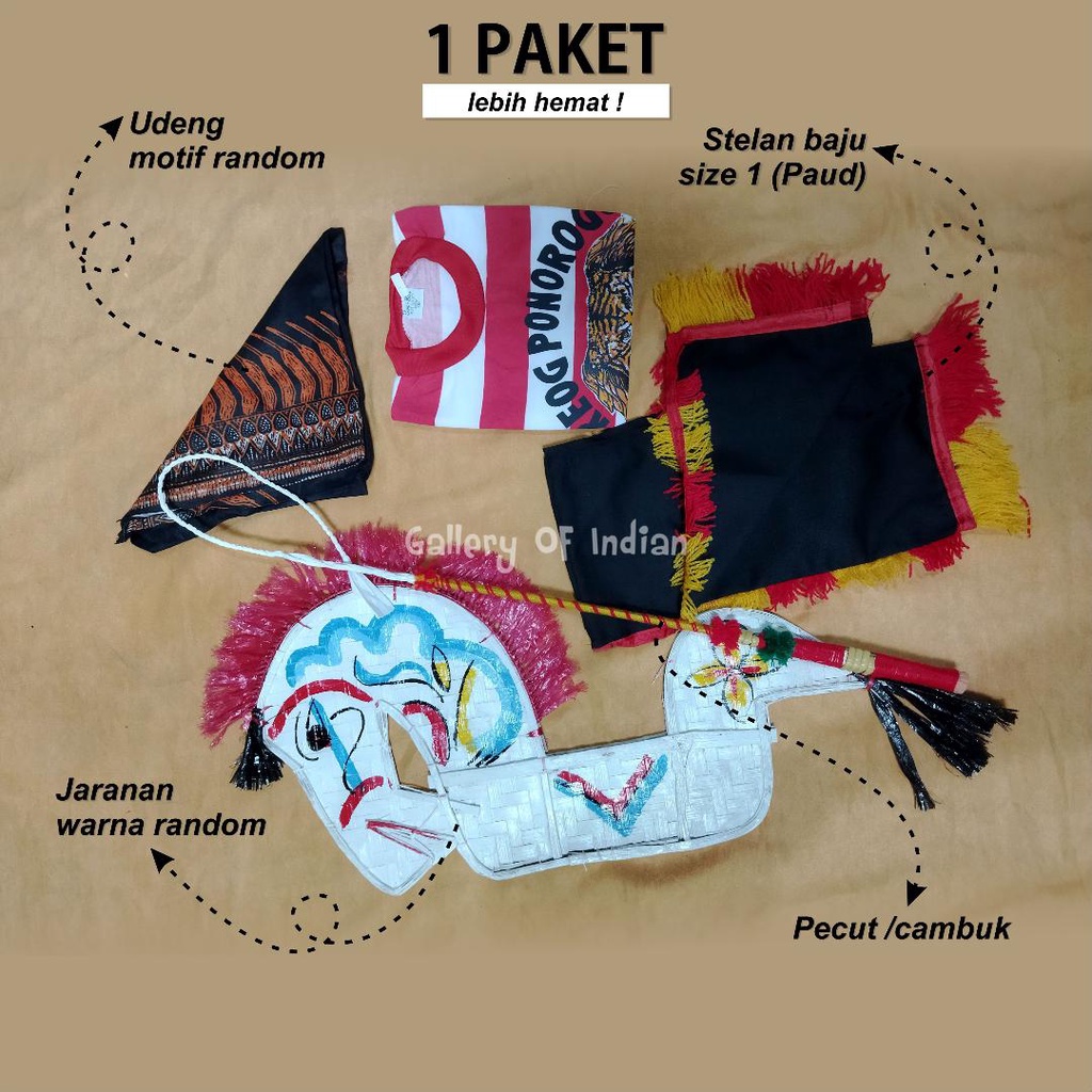 Paket mainan anak jaranan + pecut + stelan baju + udeng tinggal pakai siap pentas