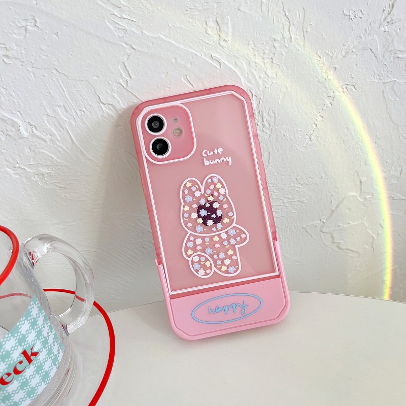 Casing iPhone 11 12 13 Pro MAX X XR XS MAX 7 8 Plus Motif Kelinci Tulip pink Dengan Stand