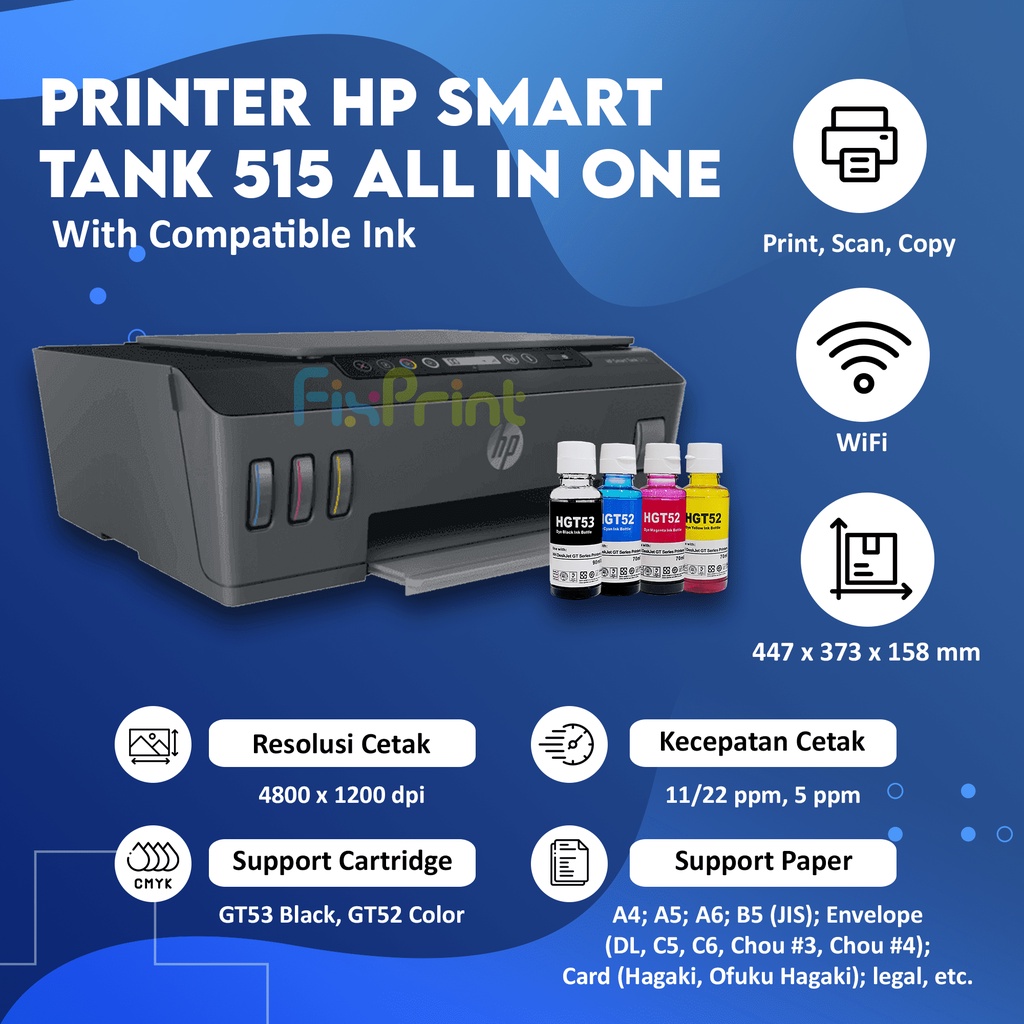 Printer HP Smart Tank 515 Print Scan Copy WiFi Wireless Tinta GT53GT52