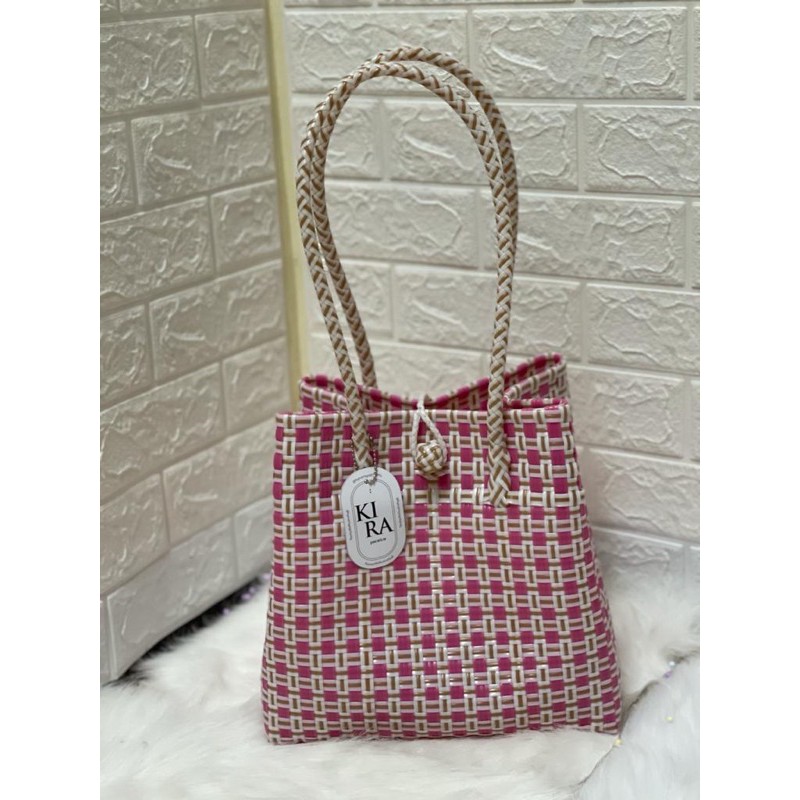 Tas Anyaman Wanita Premium Tote Bag CHEERY PINK  / Tas Anyaman Wanita Cantik Tote Bag Premium