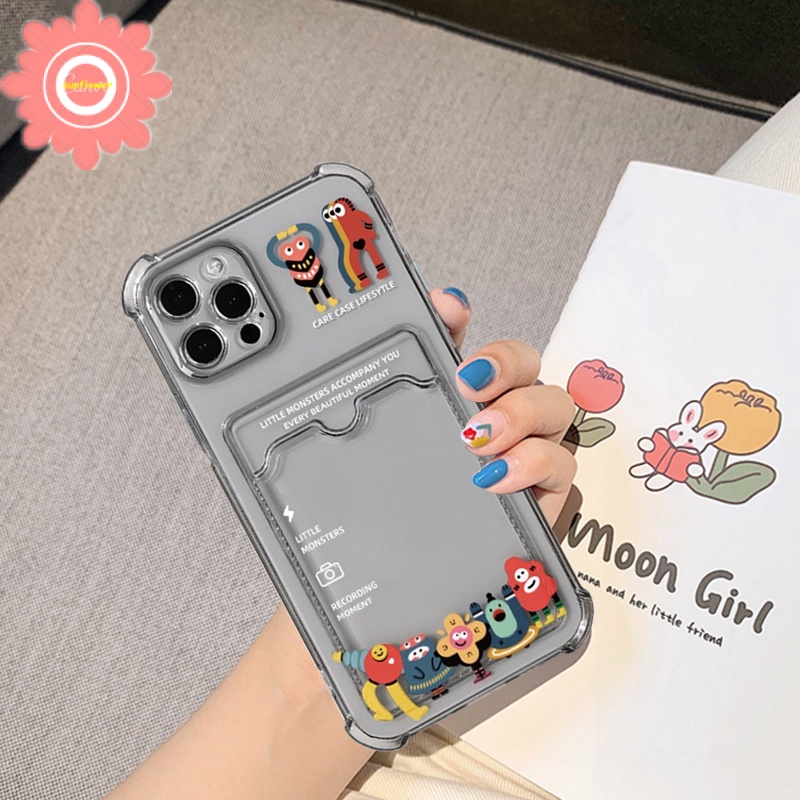 Soft Case Tpu Transparan Shockproof Motif Monster Kecil Holder Kartu Untuk Iphone 7 8 Plus 6 6s 11 12 13 Pro Max Xr X Se 2020 Xs Max