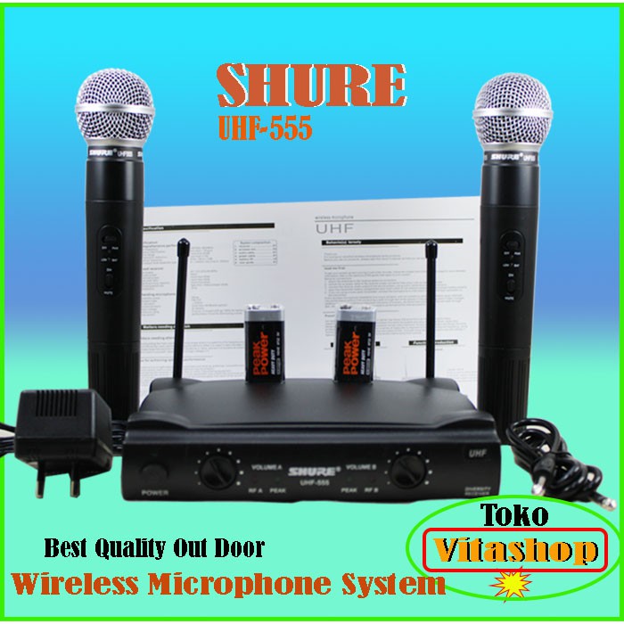 Shure UHF-555 Mik Wireless Microphone Mikrophone 2 Pegang Mic Panggung