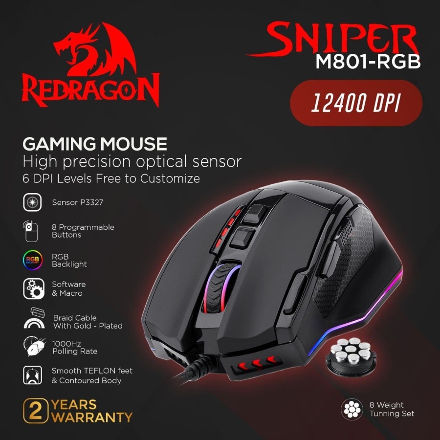 Redragon Mouse Gaming Macro USB Wired Sniper RGB M801 RGB