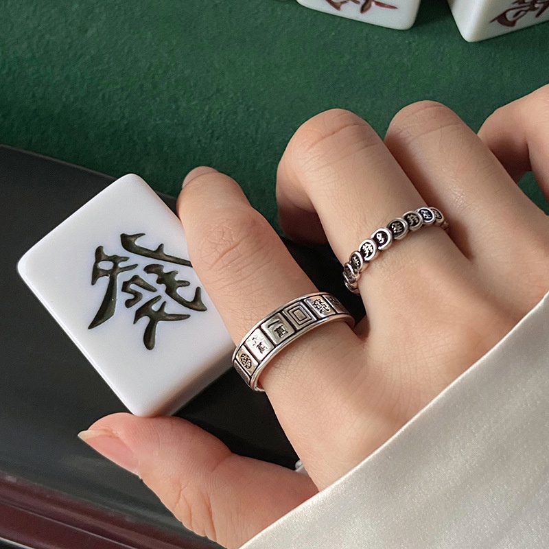 Cincin Model Terbuka Desain Tulisan Mahjong Gaya Korea Retro Untuk Wanita