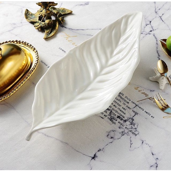 PIRING MANGKOK SAJI KERAMIK PUTIH POLOS BENTUK DAUN LENGKUNG