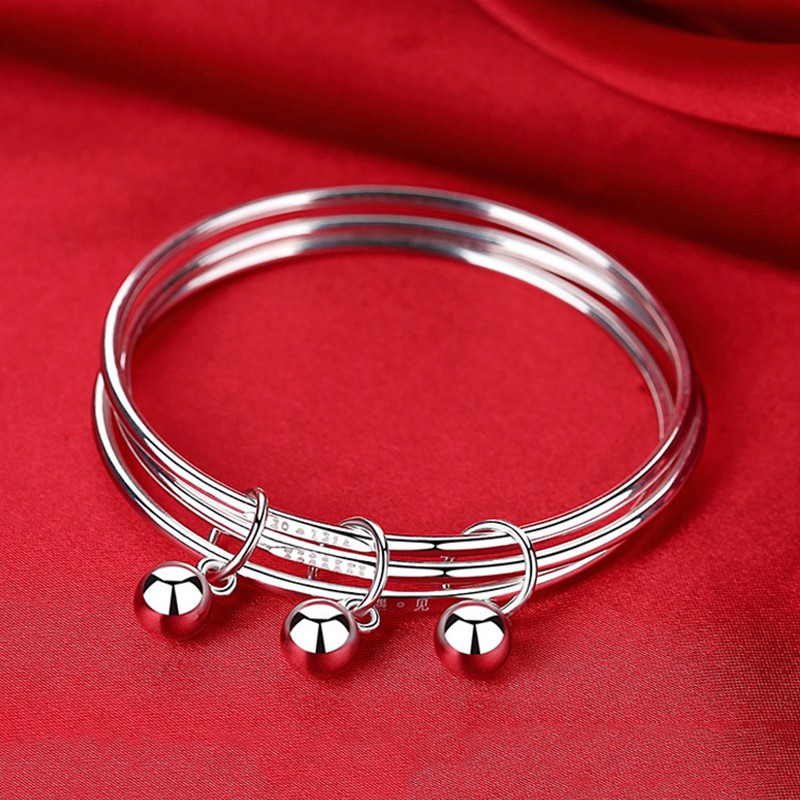 925 Sterling Silver Gelang Wanita Tiga Lingkaran Bell Gelang Fashion Jewelry