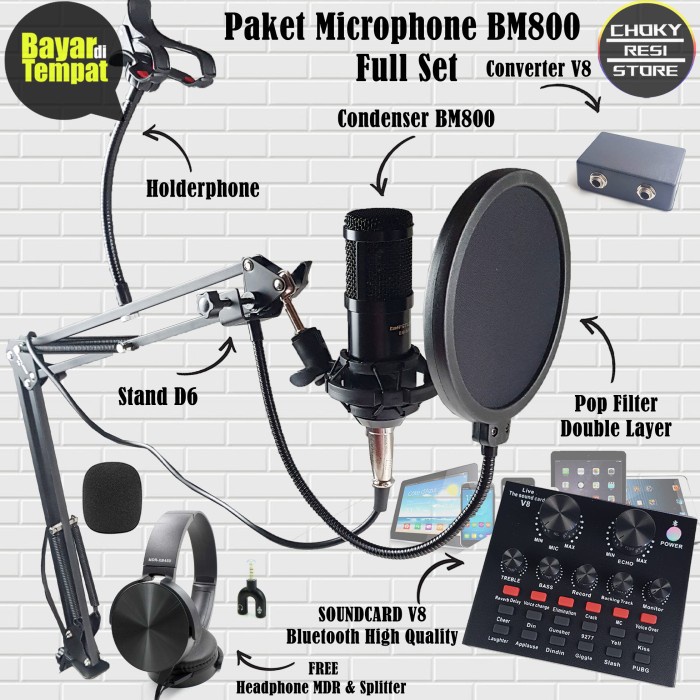 PAKET LENGKAP MICROPHONE BM800 PLUS SOUNDCARD V8 UNTUK COVER LAGU
