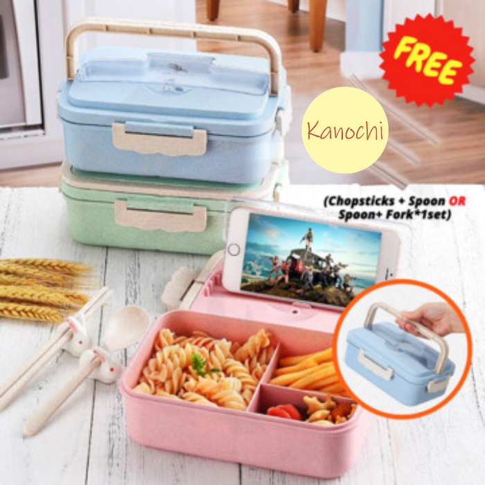 Kotak Makan Jerami Lunch Box Gandum Wheat Tempat Bento Alat Sendok Set