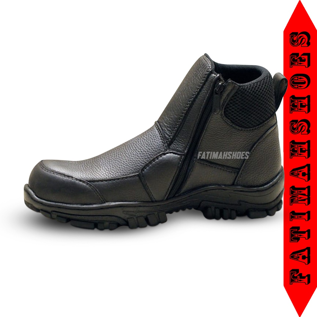 FATIMAHSHOES Sepatu Safety Boot Kulit Pria Ujung Besi Kerja Proyek Kulit Sapi Hitam