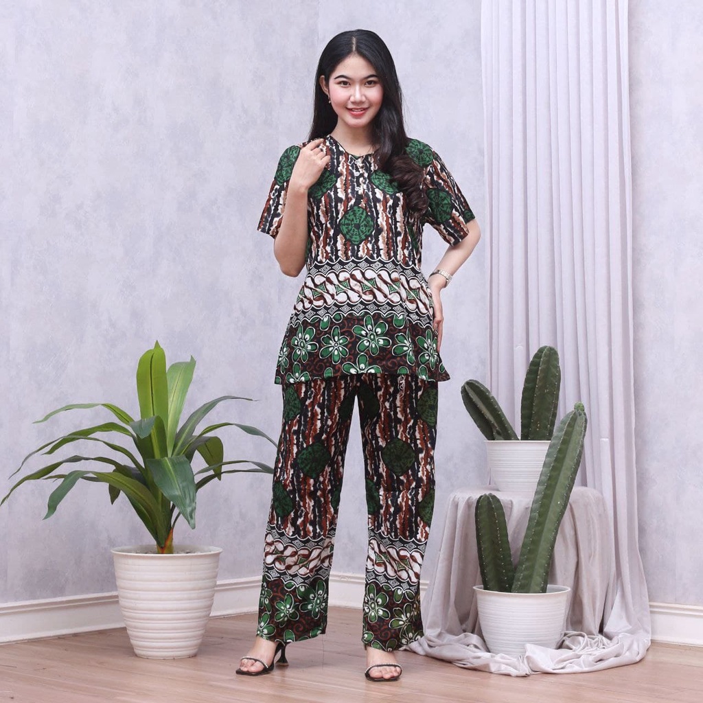 Batik Prass - Setelan Baju Tidur Busui Lengan Pendek - Piyama Batik Terbaru - Baju Santai-GLORY HIJAU