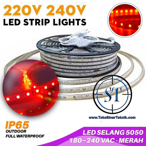 Lampu Led Strip Selang RED SMD 5050 Panjang 1-5 Meter In Ac 220V Warna Merah Cocok Indoor - Outdoor Lampu Hias Taman Plafon Rumah Waterproof