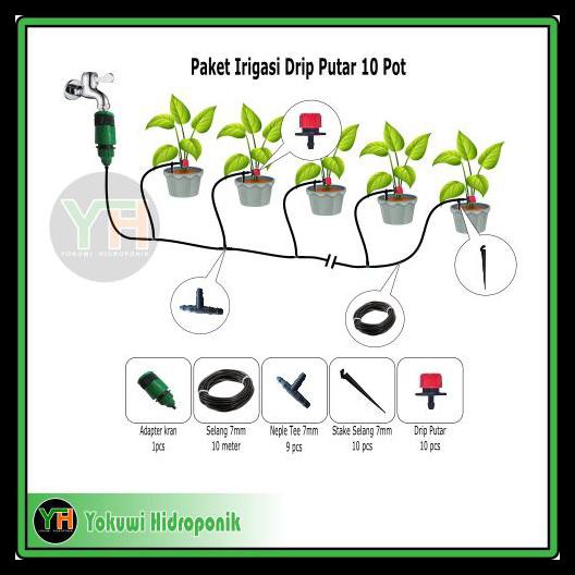 Paket Irigasi/ Adapter Kran/ Drip Putar/ Selang 7/ Stake Selang 7