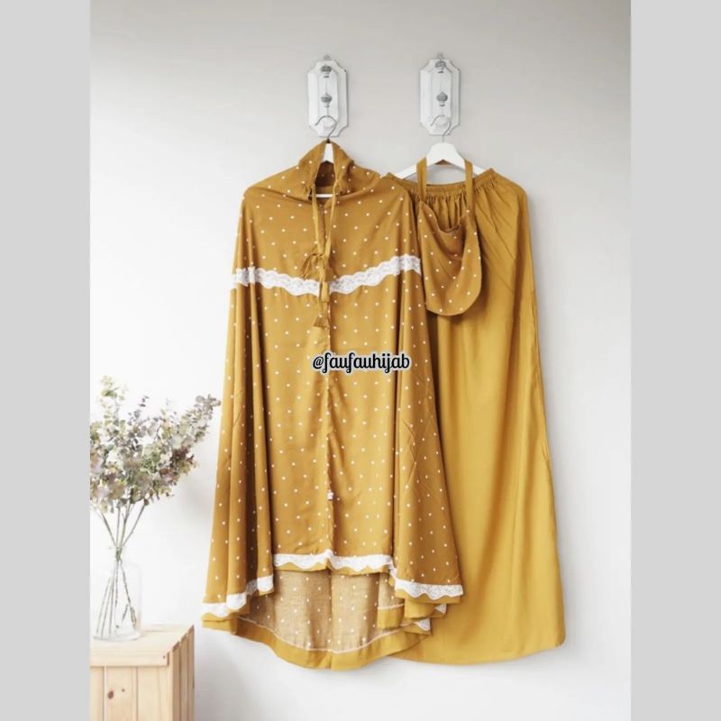 Mukena travel murah 2in1 Khaulah polka kunyit + renda di dada(sudah termasuk sajadah muka) ori faufa