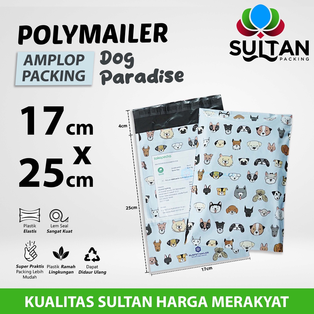 

Polymailer Polimailer 17cm x 25cm Amplop Plastik Packing Motif Dog Paradise Rusfet Satuan
