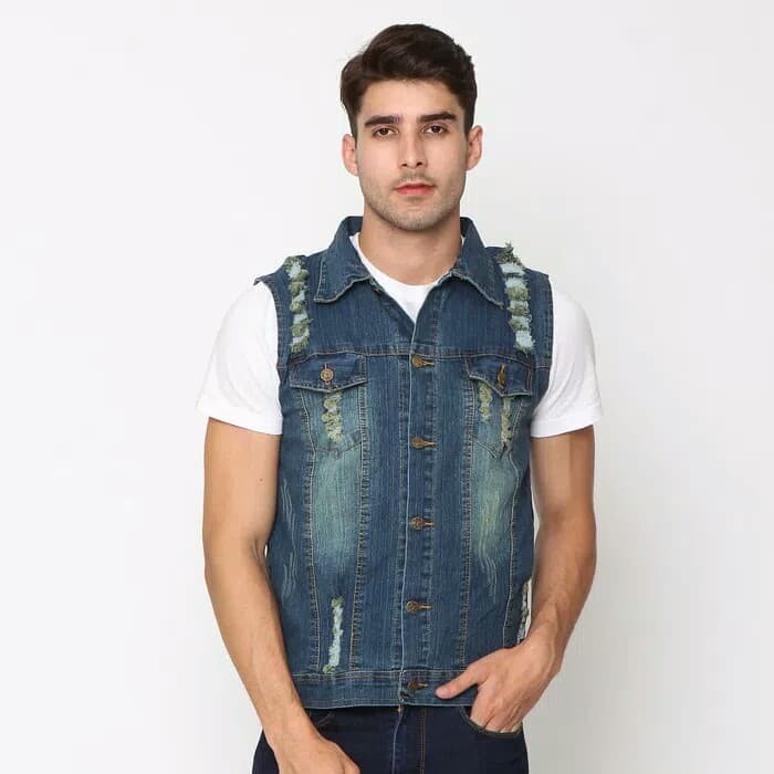Jaket Jeans Pria Cowok Sobek Destroy Trend Keren Terlaris/Harga M XZ683 Jacky Okechuku Rompi Denim