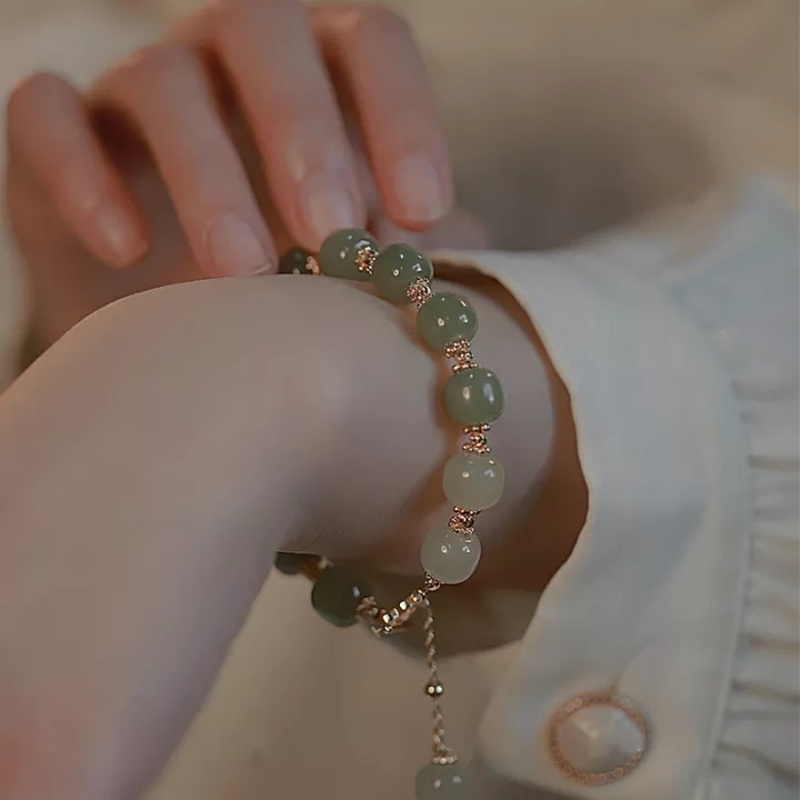 Gelang Tangan Manik-Manik Giok Hetian Imitasi Aksen Daun Clover + Mutiara + Zircon Untuk Perhiasan Wanita