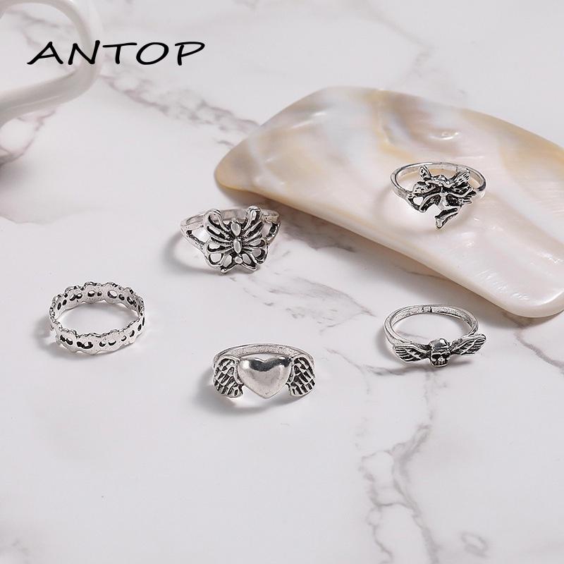 5pcs / Set Cincin Model Terbuka Desain Kerangka Kupu-Kupu Hati Hollow Out Gaya Vintage