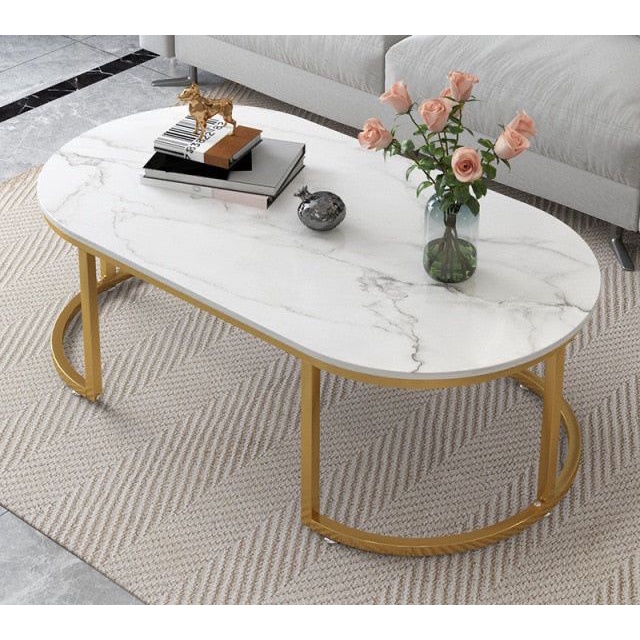 Meja Nastar Single Oval  Bahan Besi Holo Replika Marmer TOP Kayu Lapis HPL Motif Marble Untuk Ruang 