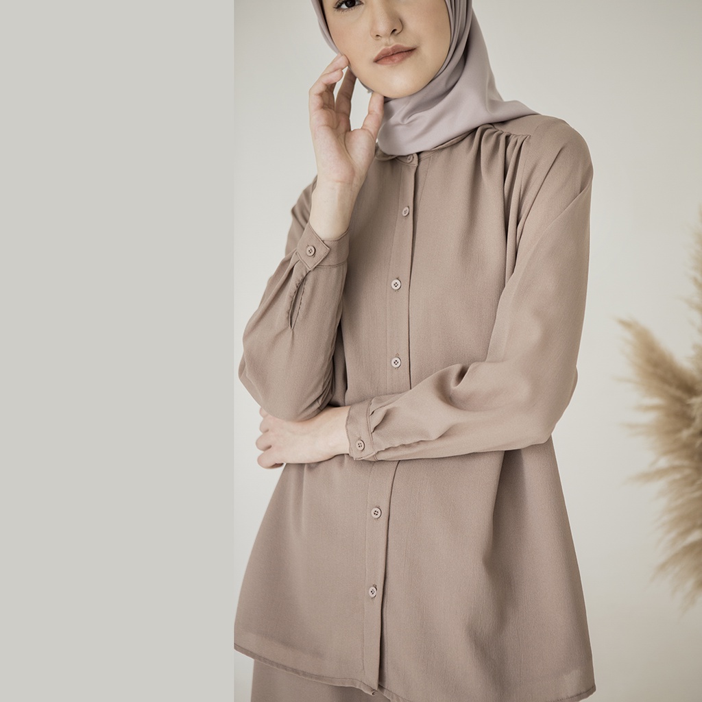 Anya by Aska Label - Kemeja wanita kantor bahan crepe premium full kancing depan busui friendly warna coklat tua, biru dusty, hijau mint, dusty pink, putih