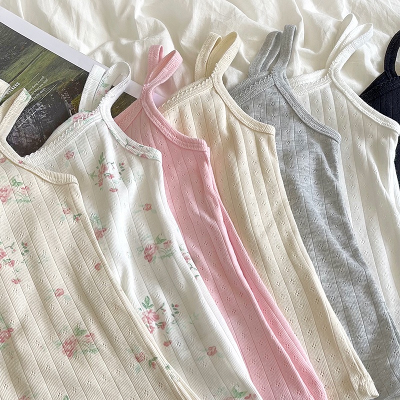 Musim panas gadis keinginan murni warna krim berongga kecil bunga budidaya diri semua-cocok bottoming kamisol kecil
